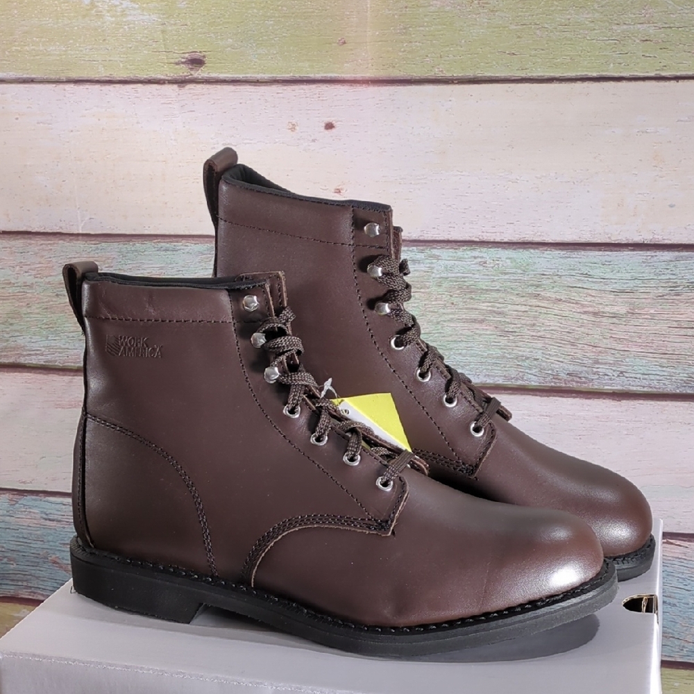 NWT Work America Brown Ankle Boots with Lace-Up Design and Rubber Sole